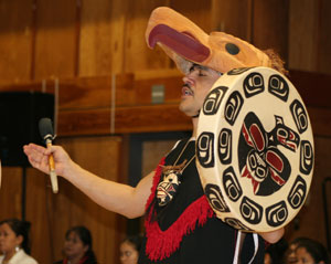 A Nisga'a drummer sings at the traditional New Year celebrations in Aiyansh, BC.